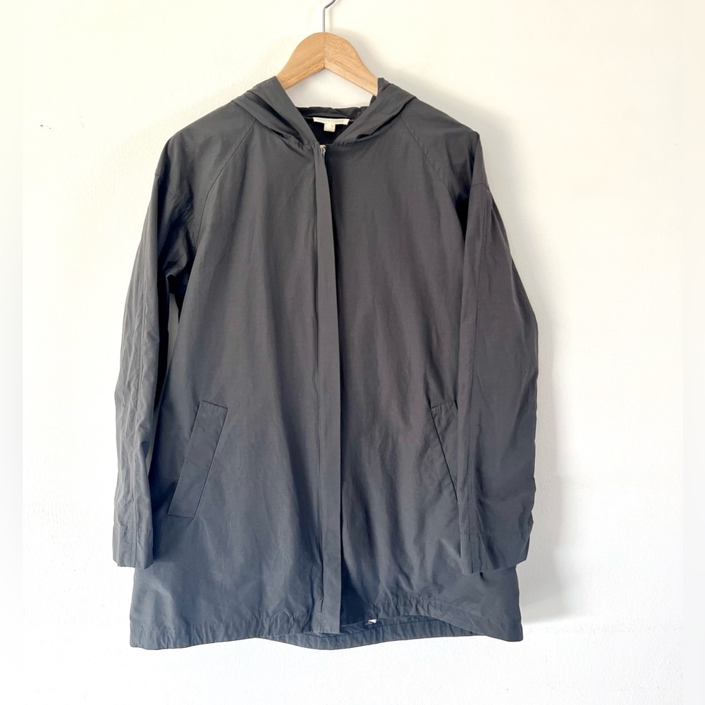 Eileen Fisher Dark Gray Organic Cotton Hooded Lightweight Full Zip Coat